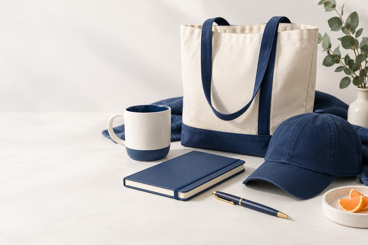Unbranded promotional merchandise including a tote bag, notebook, mug, pen, and cap