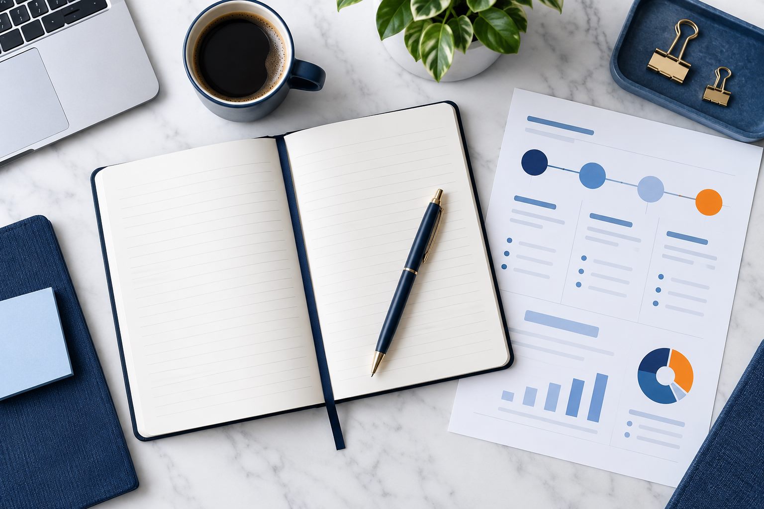 A notebook, planning worksheet, and pen arranged on a workspace