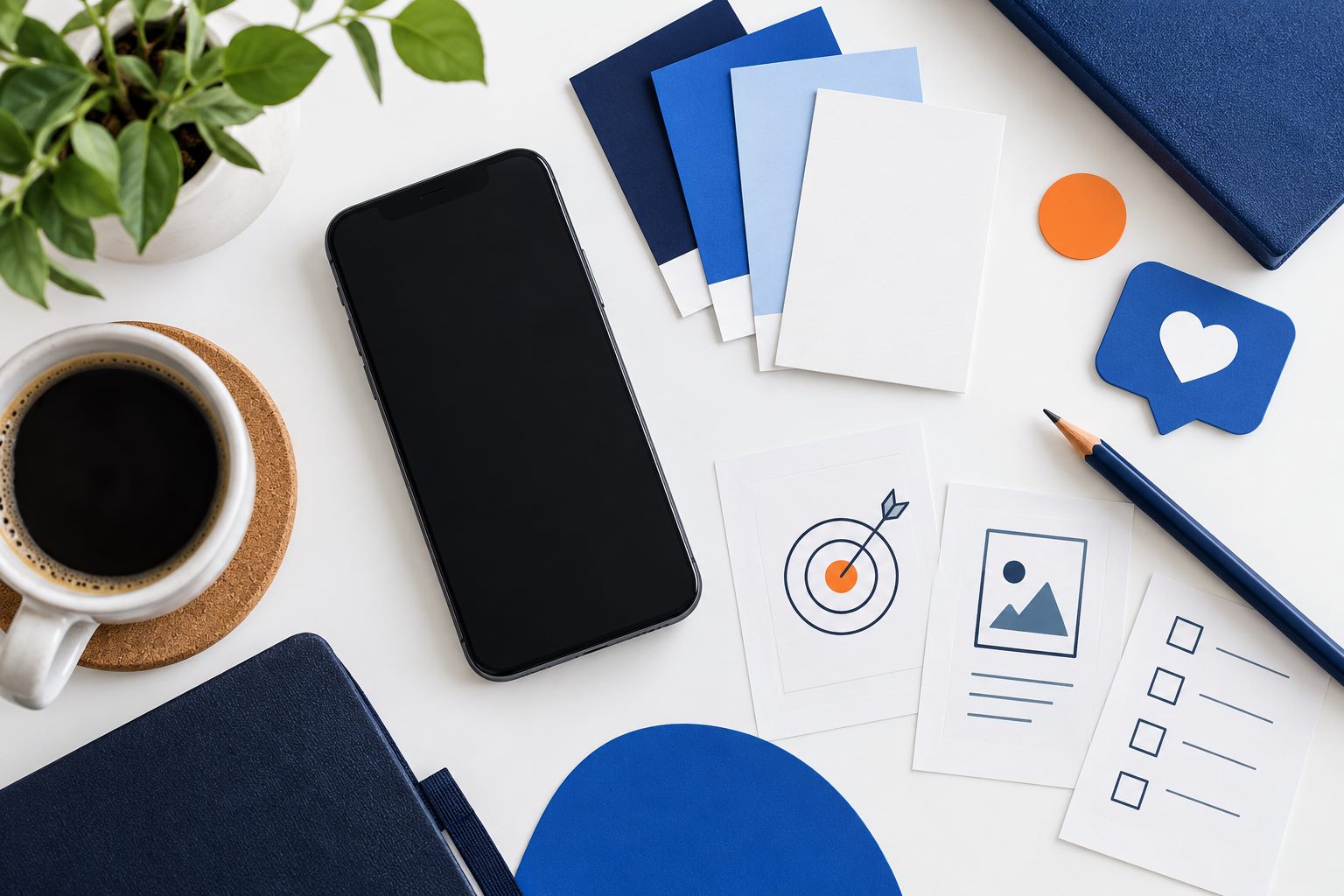 A smartphone, color swatches, and simple marketing planning materials