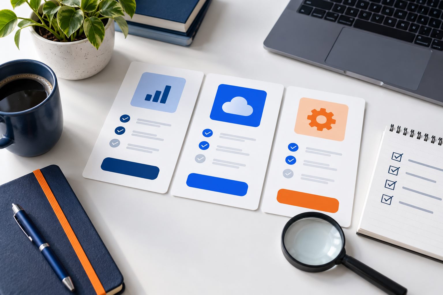 Abstract business tool cards and a checklist on a workspace